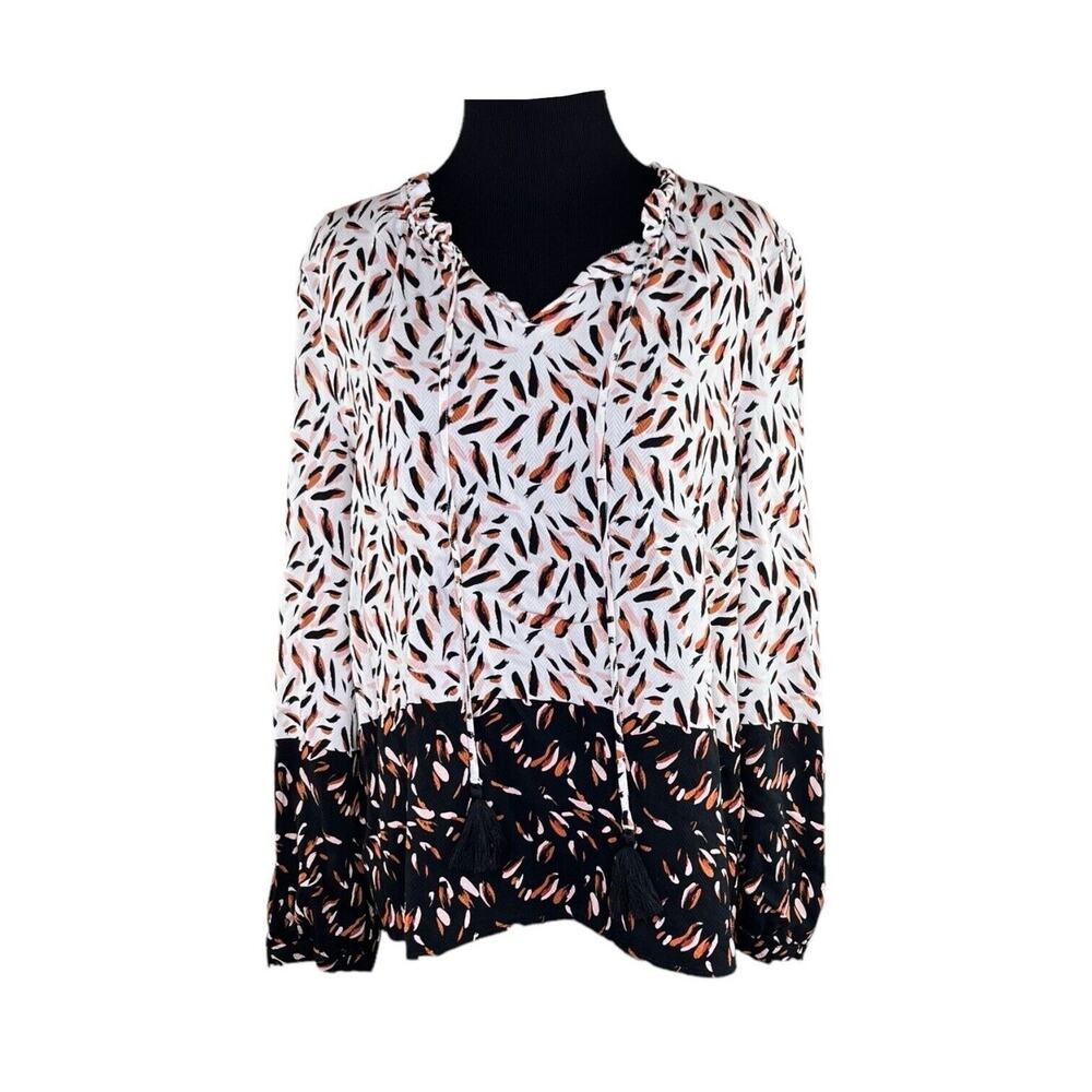 Tribal Long Sleeve Womens Top Brown White Orange Print Boho Tassels EUC